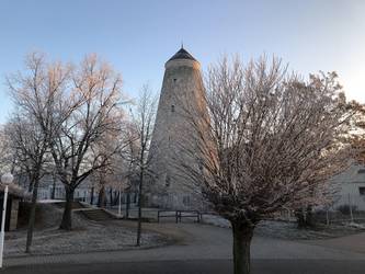 Soleturm hinter winterlichen Bäumen