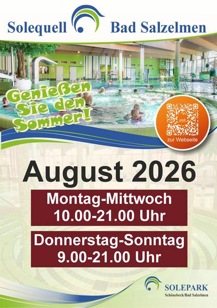 Solequell: geöffnet wieder ab 01.08.26. Beachten Sie unsere August-Öffnungszeiten.