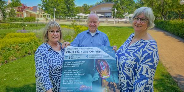 Serenadenkonzert im Kurpark 2026 © Veranstalter Sibylle Schulz – Betriebsleiterin SOLEPARK, Dr. Wolf-Michael Feldbach – Vorsitzender Kirchbauverein Schönebeck-Salzelmen e.V., Anita Bader – Geschäftsführerin der Mitteldeutschen Kammerphilharmonie.