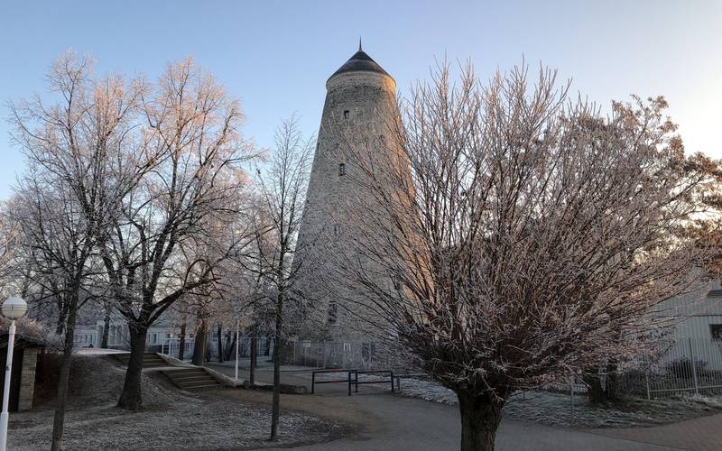 Soleturm hinter winterlichen Bäumen