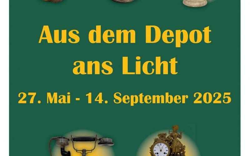 Plakat auf grünem Untergrund mit gelber Schrift zur Sonderausstellung des Salzlandmuseums.